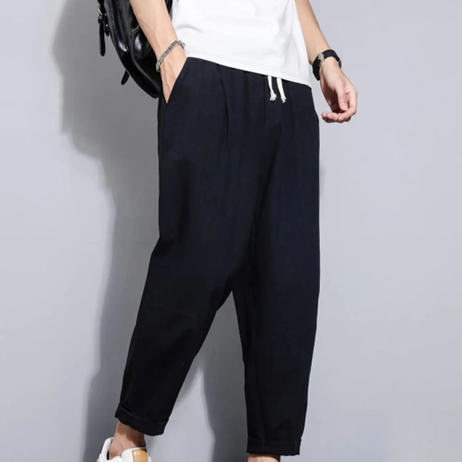 Casual Pants for Mens Linen Pants Drawstring Beach Pants Relaxed-Fit Yoga Pants Soft Elastic Waist Pants