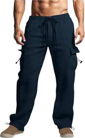 Casual Pants for Mens Linen Pants Relaxed-Fit Beach Pants Summer Yoga Pants Soft Elastic Waist Pants