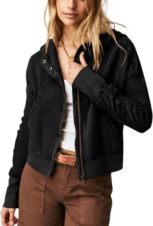 chouyatou Women's Oversized Hooded Sweatshirt Y2K Boyfriend Waffle Knit Zip Up Hoodie Jacket Shackets