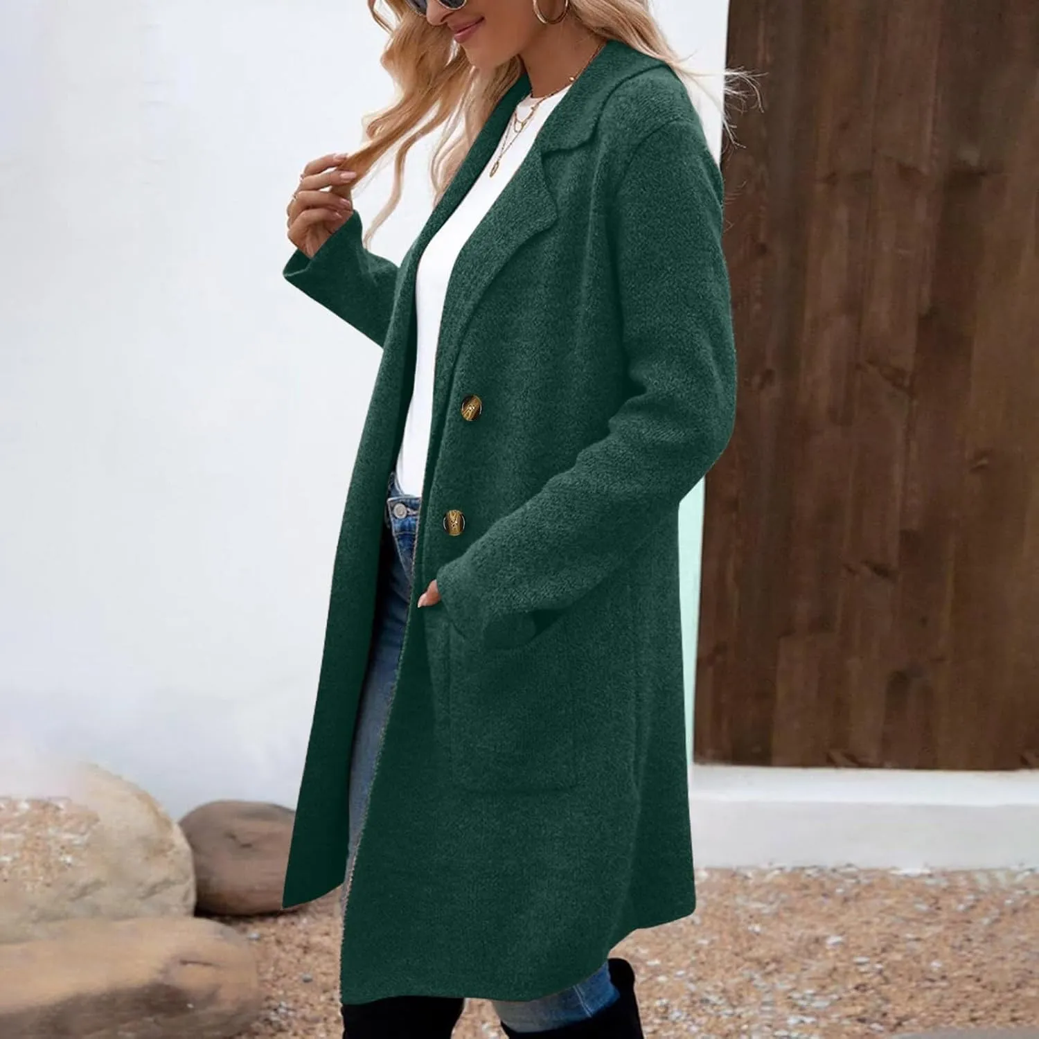 Coatigan for Women Wool Blend Pea Coats Double Breasted Oversized Blazer Knit Open Front Cardigan Sweater with Pocket