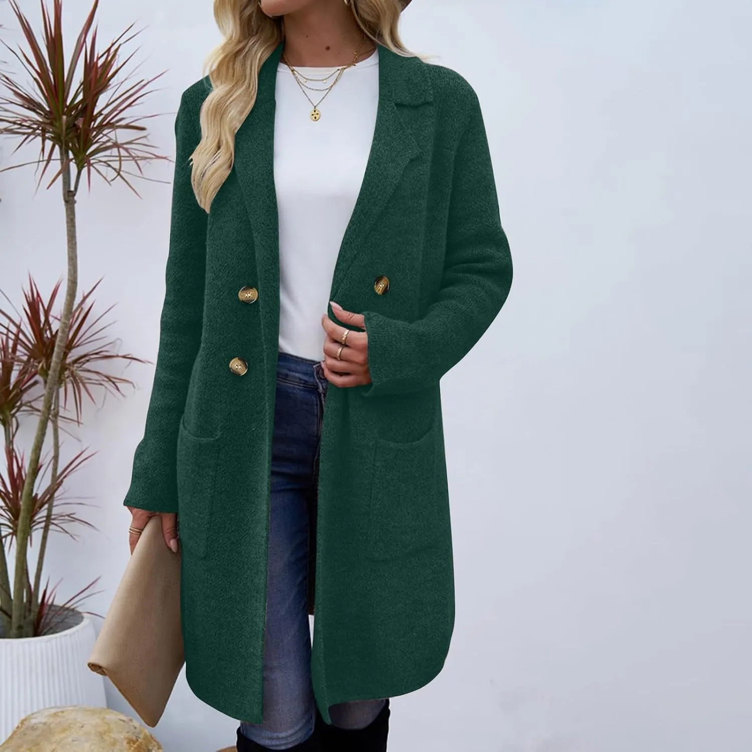 Coatigan for Women Wool Blend Pea Coats Double Breasted Oversized Blazer Knit Open Front Cardigan Sweater with Pocket