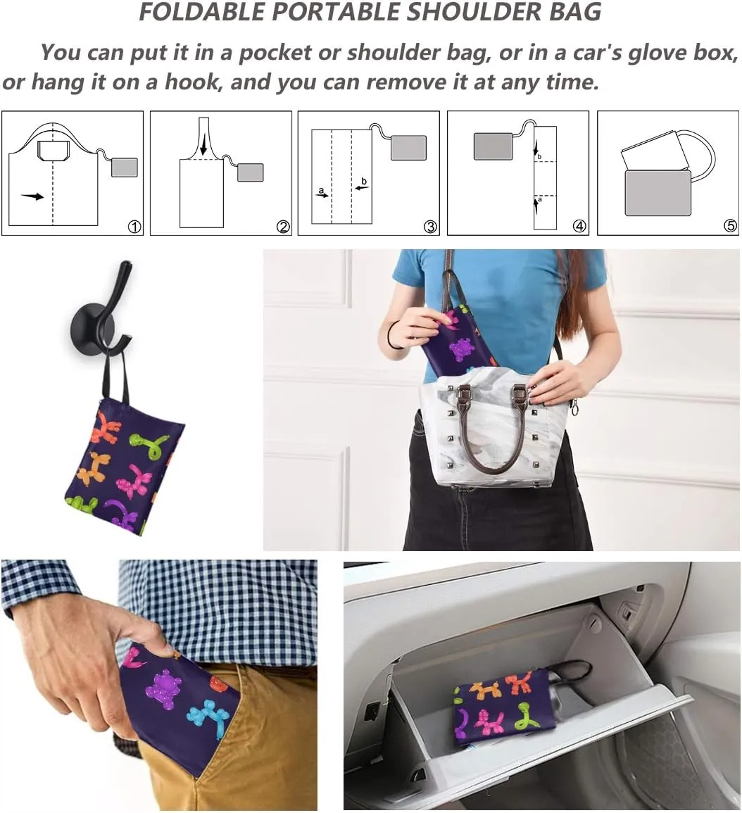 Colourful Animal Balloons Grocery Bags Reusable Foldable Shopping Bags Large Cute Groceries Bags with Pouch Bulk, Waterproof Machine Washable Eco-Friendly