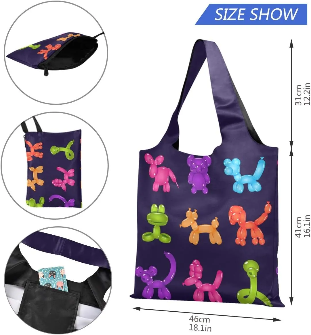 Colourful Animal Balloons Grocery Bags Reusable Foldable Shopping Bags Large Cute Groceries Bags with Pouch Bulk, Waterproof Machine Washable Eco-Friendly