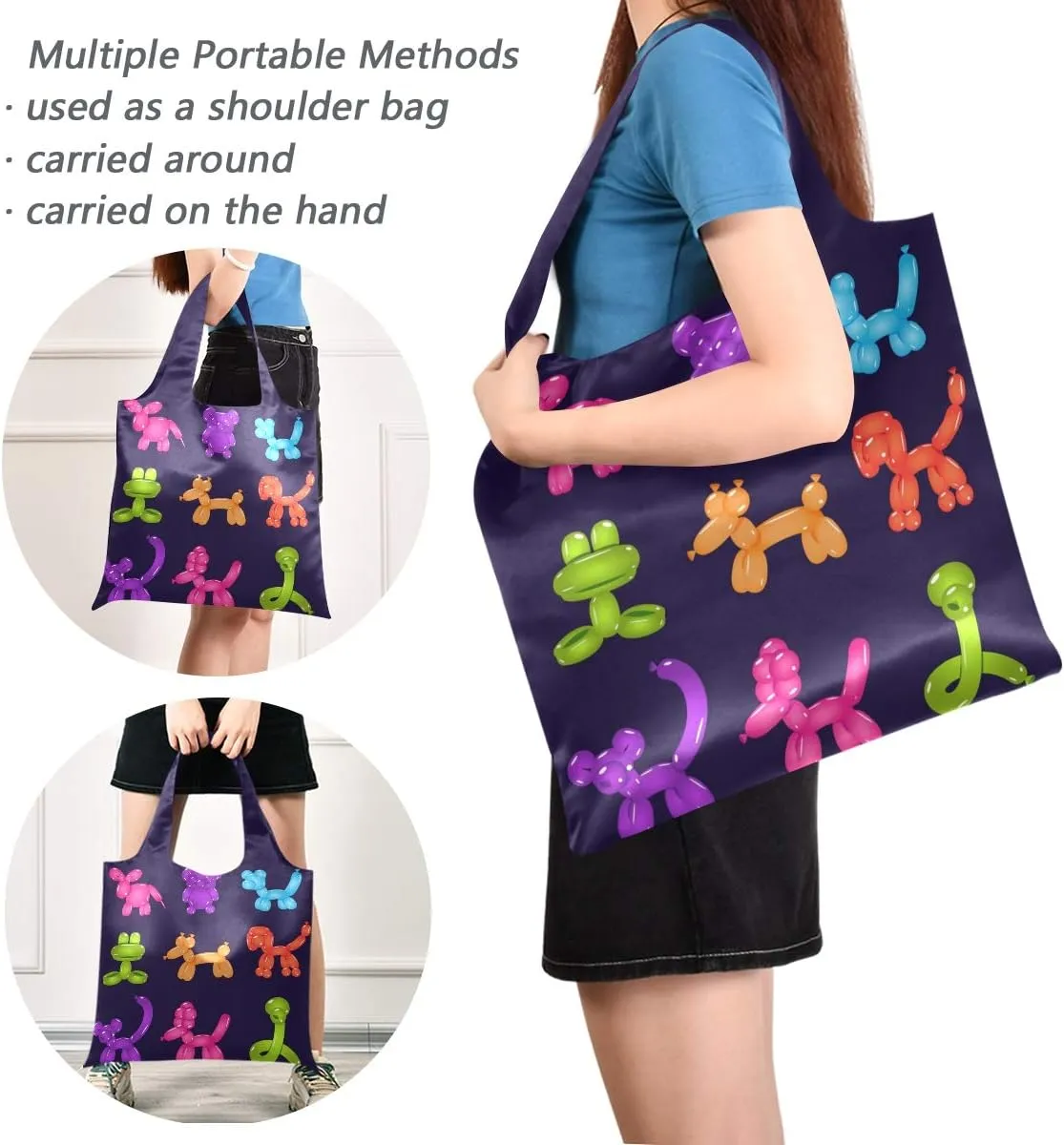 Colourful Animal Balloons Grocery Bags Reusable Foldable Shopping Bags Large Cute Groceries Bags with Pouch Bulk, Waterproof Machine Washable Eco-Friendly