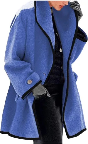 cooki Trench Coat for Women 2023 Hooded Woolen Long Sleeve Loose Pea Coat Lapel Windproof Winter Warm Fleece Jackets Overcoat