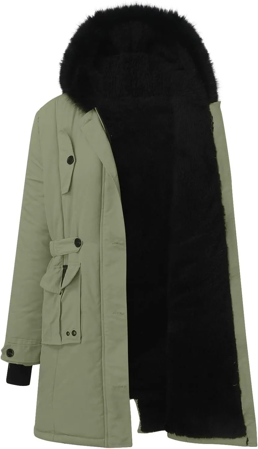 cooki Winter Coats for Women Fleece Lined Puffer Coat Women Long Down Coat Warm Parkas Fur Hooded Outwear Drawstring Overcoat