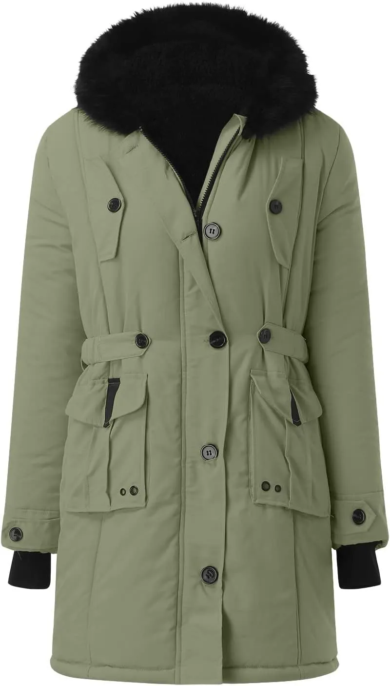 cooki Winter Coats for Women Fleece Lined Puffer Coat Women Long Down Coat Warm Parkas Fur Hooded Outwear Drawstring Overcoat