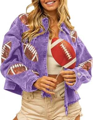 cooki Womens Fall Fashion 2023 Women's Cropped Corduroy Jacket Football Sequin Patched Short Button Raw Hem Jacket Coats