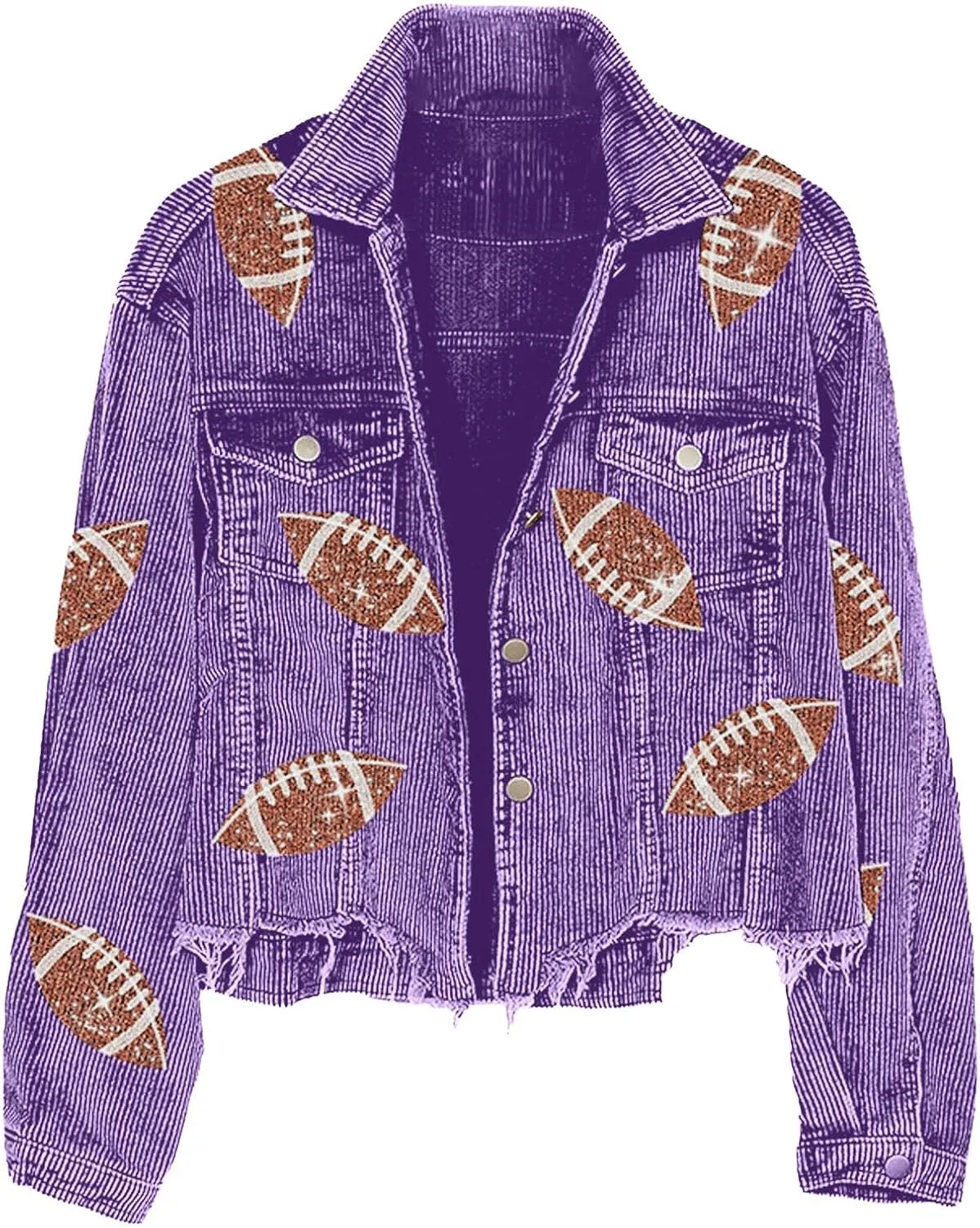 cooki Womens Fall Fashion 2023 Women's Cropped Corduroy Jacket Football Sequin Patched Short Button Raw Hem Jacket Coats