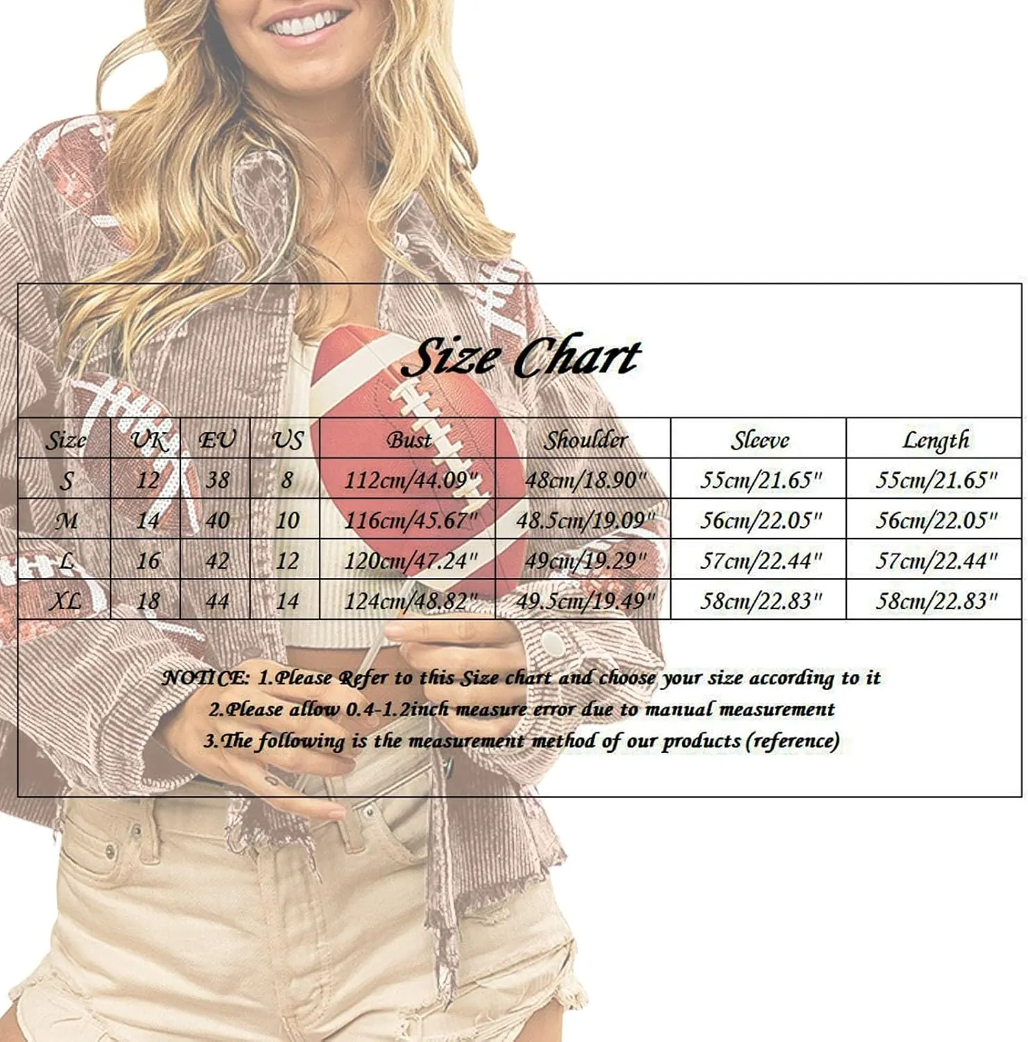 cooki Womens Fall Fashion 2023 Women's Cropped Corduroy Jacket Football Sequin Patched Short Button Raw Hem Jacket Coats