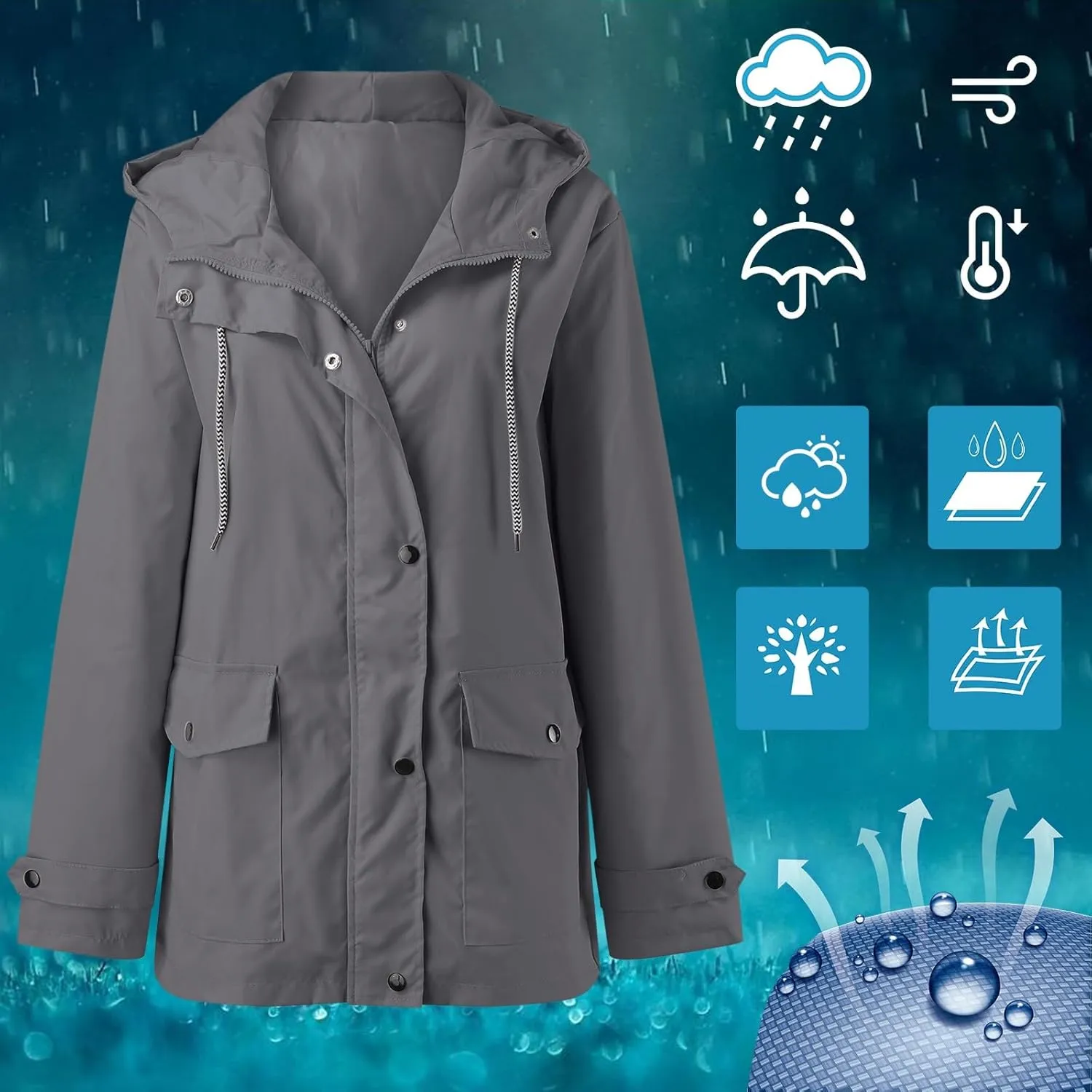 cooki Womens Winter Coats 2023 Rain Jacket Women Lightweight Raincoat Waterproof Climbing Outdoor Hooded Trench Coats