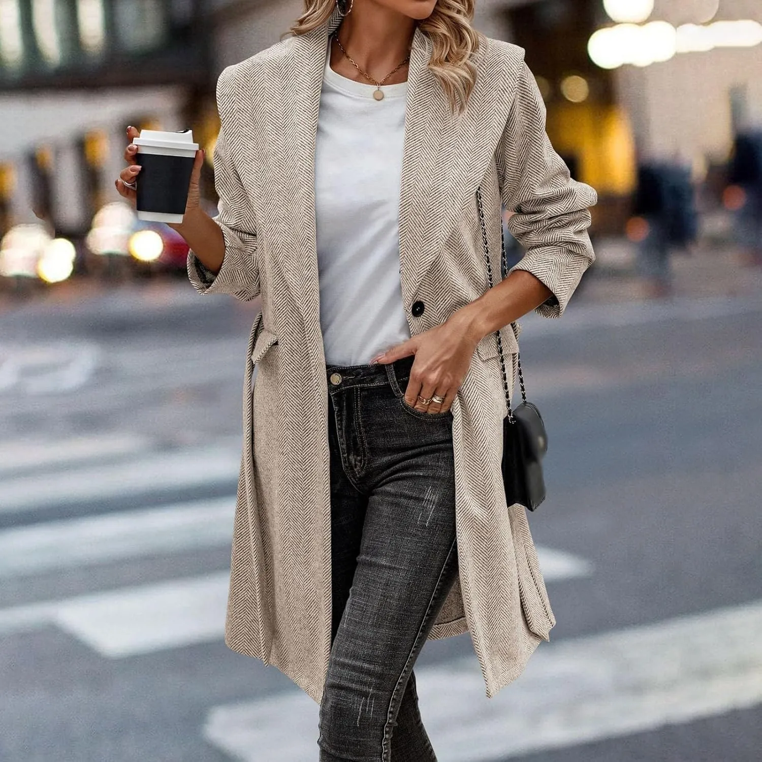 cooki womens winter coats Wool Blend Coats for Women With Pockets Warm Thicken Soft Trench Coats Lapel Loose Plaid Pea Coats