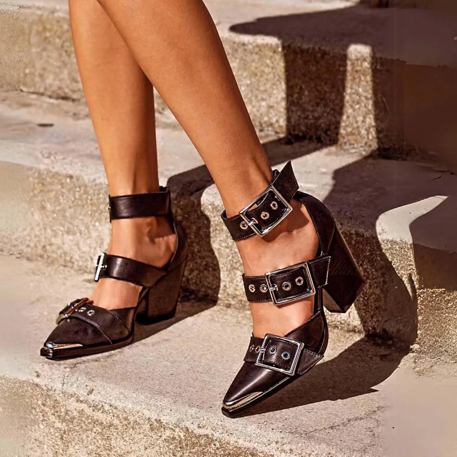 CORNMOOD Western Sandals for Women Chunky Heel Pointed Toe Pumps Metal Buckle Strappy Wedges Western Heels Block Bridal Shoes