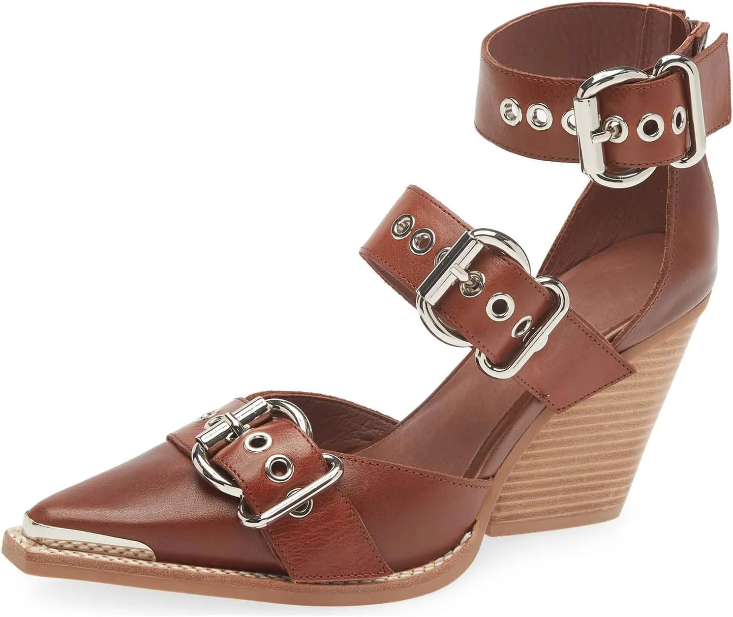 CORNMOOD Western Sandals for Women Chunky Heel Pointed Toe Pumps Metal Buckle Strappy Wedges Western Heels Block Bridal Shoes