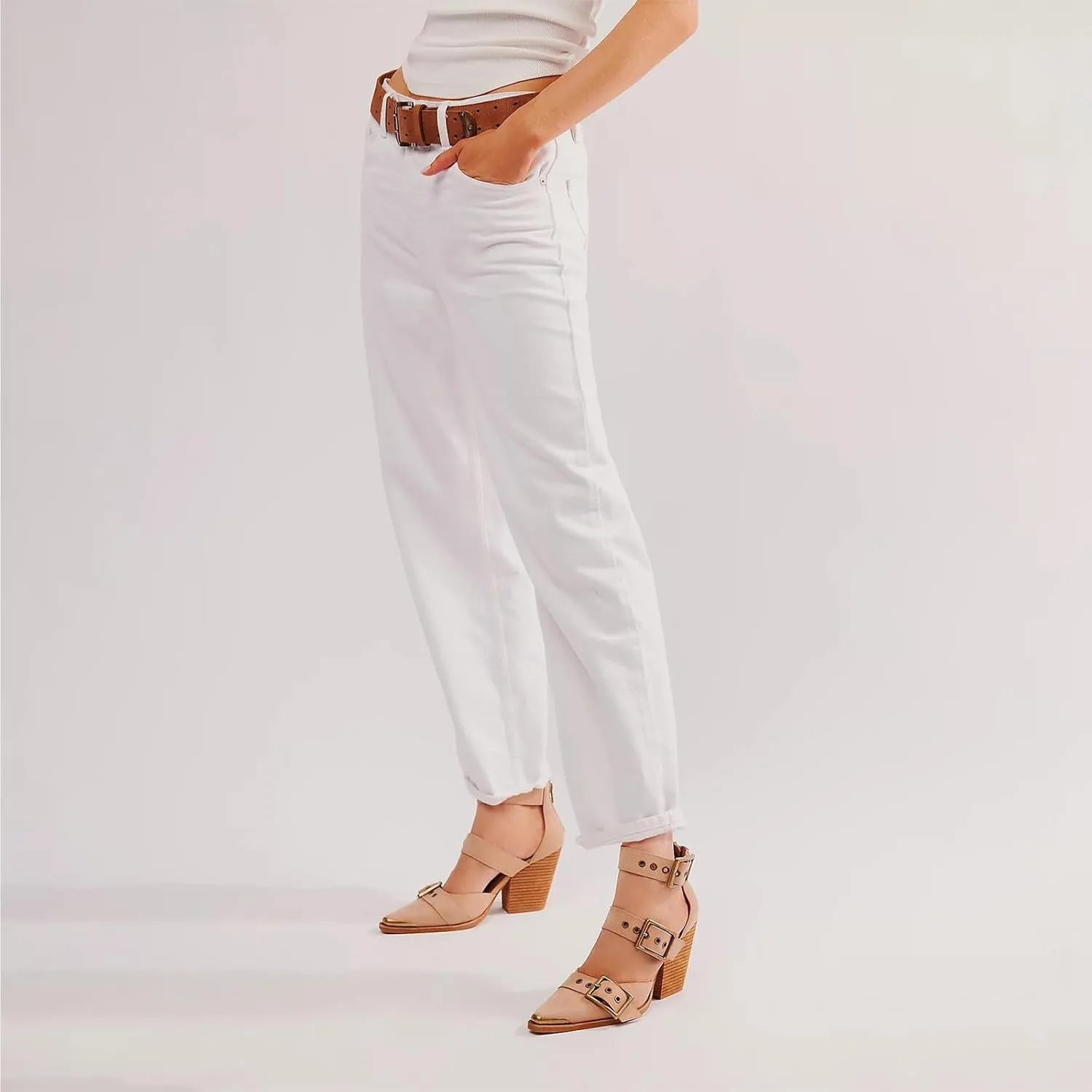 CORNMOOD Western Sandals for Women Chunky Heel Pointed Toe Pumps Metal Buckle Strappy Wedges Western Heels Block Bridal Shoes