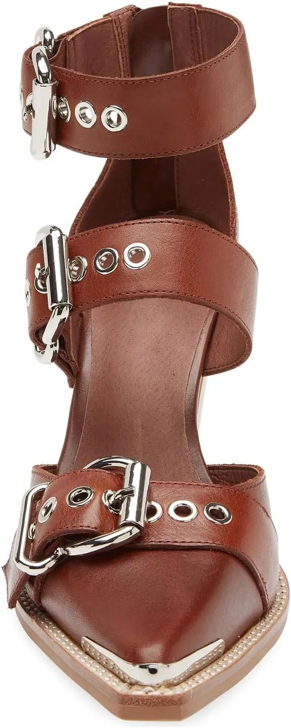 CORNMOOD Western Sandals for Women Chunky Heel Pointed Toe Pumps Metal Buckle Strappy Wedges Western Heels Block Bridal Shoes