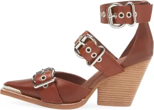 CORNMOOD Western Sandals for Women Chunky Heel Pointed Toe Pumps Metal Buckle Strappy Wedges Western Heels Block Bridal Shoes