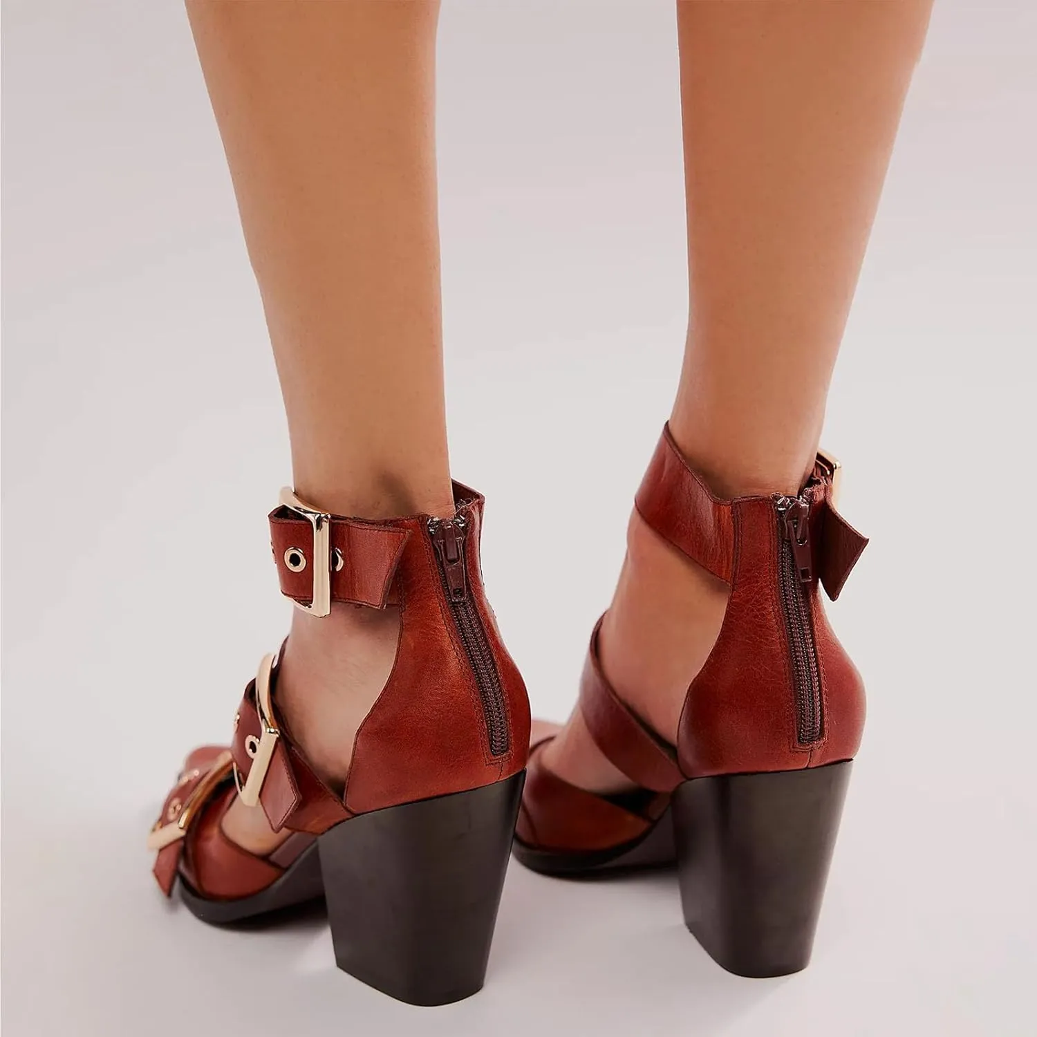 CORNMOOD Western Sandals for Women Chunky Heel Pointed Toe Pumps Metal Buckle Strappy Wedges Western Heels Block Bridal Shoes