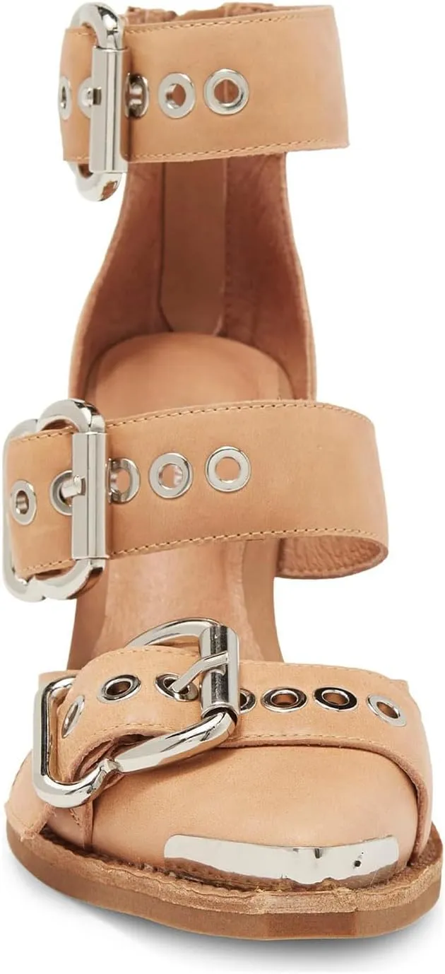 CORNMOOD Western Sandals for Women Chunky Heel Pointed Toe Pumps Metal Buckle Strappy Wedges Western Heels Block Bridal Shoes