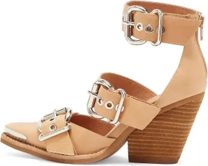 CORNMOOD Western Sandals for Women Chunky Heel Pointed Toe Pumps Metal Buckle Strappy Wedges Western Heels Block Bridal Shoes