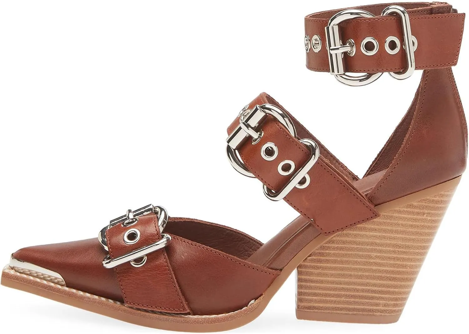 CORNMOOD Western Sandals for Women Chunky Heel Pointed Toe Pumps Metal Buckle Strappy Wedges Western Heels Block Bridal Shoes