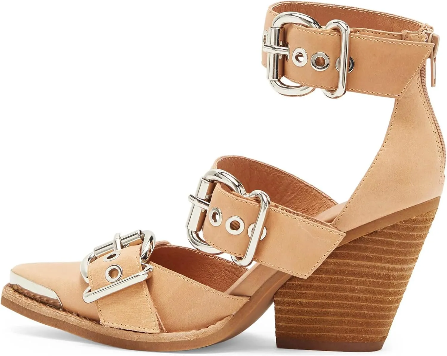 CORNMOOD Western Sandals for Women Chunky Heel Pointed Toe Pumps Metal Buckle Strappy Wedges Western Heels Block Bridal Shoes