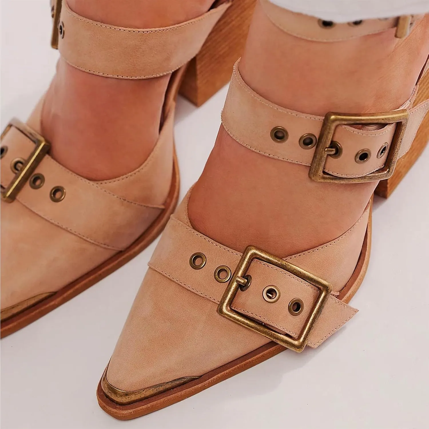 CORNMOOD Western Sandals for Women Chunky Heel Pointed Toe Pumps Metal Buckle Strappy Wedges Western Heels Block Bridal Shoes
