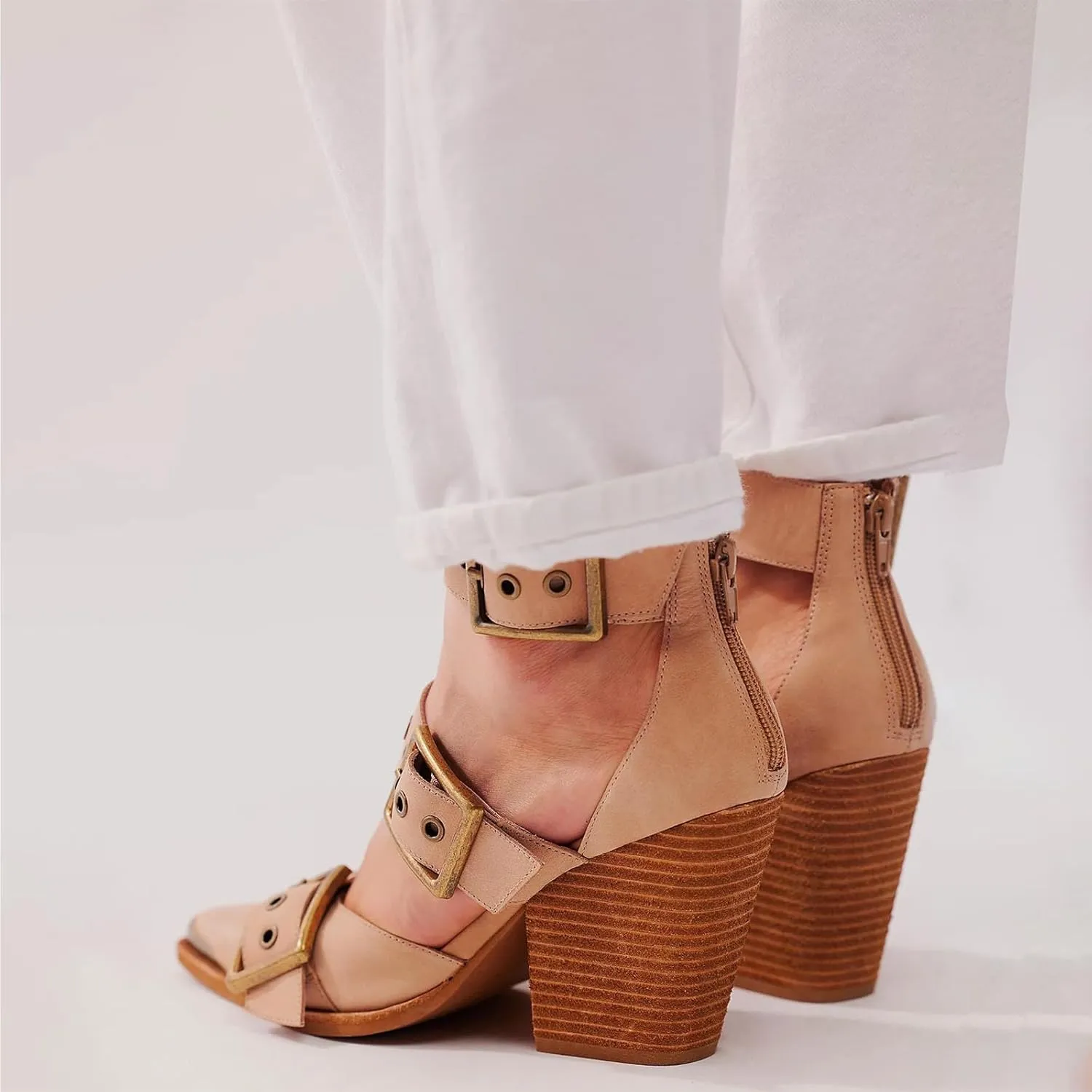 CORNMOOD Western Sandals for Women Chunky Heel Pointed Toe Pumps Metal Buckle Strappy Wedges Western Heels Block Bridal Shoes