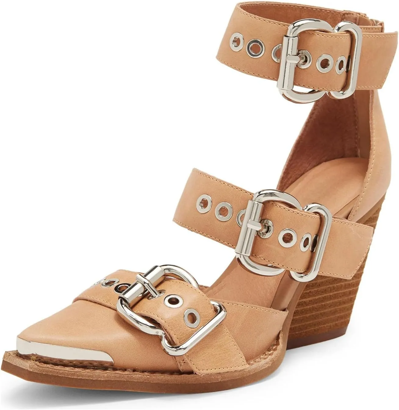 CORNMOOD Western Sandals for Women Chunky Heel Pointed Toe Pumps Metal Buckle Strappy Wedges Western Heels Block Bridal Shoes