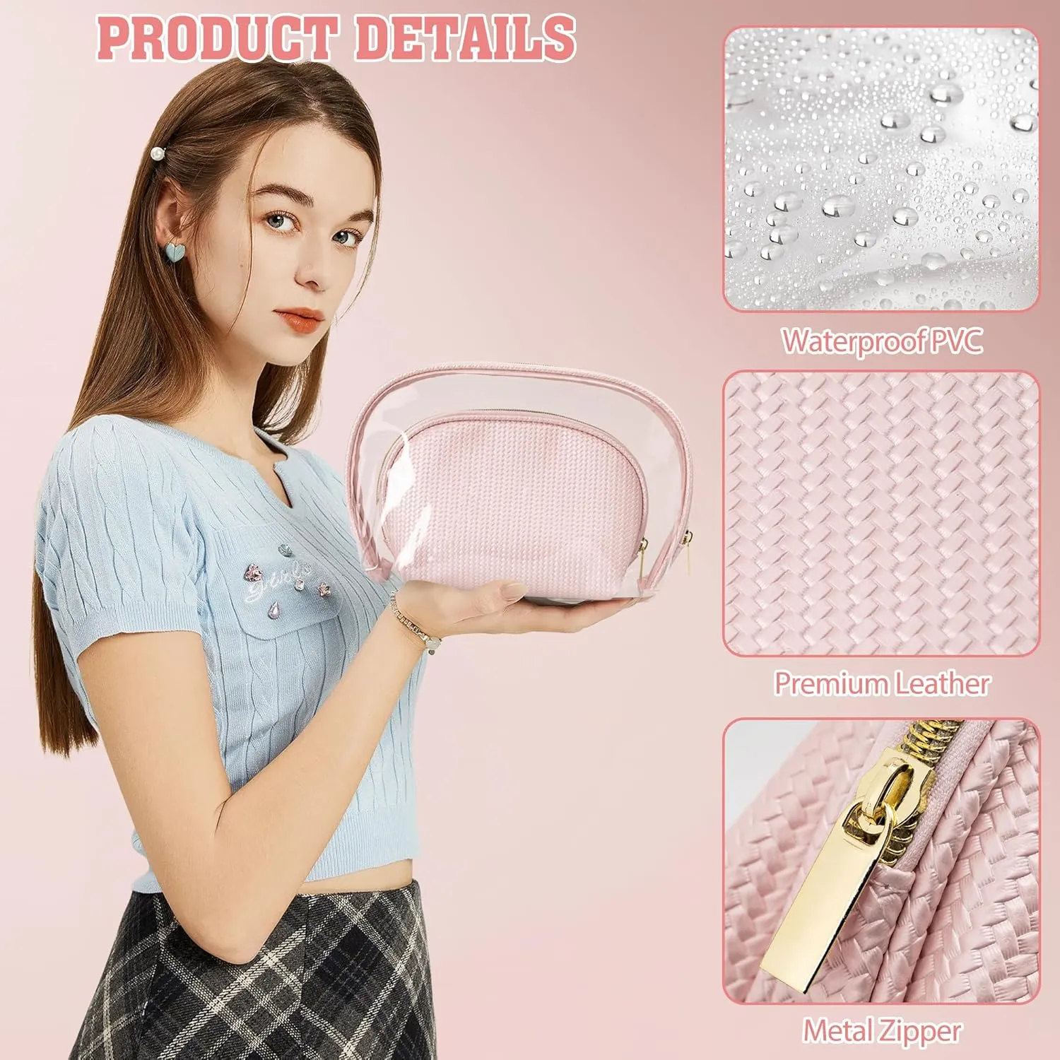 Cosmetic Bag for Women, Travel Makeup Bags 2 Pack, Waterproof Protable Toiletry Pouch Purse with Zipper, Clear Make up Organizer Case for Skincare Toiletries Accessories(Pink)