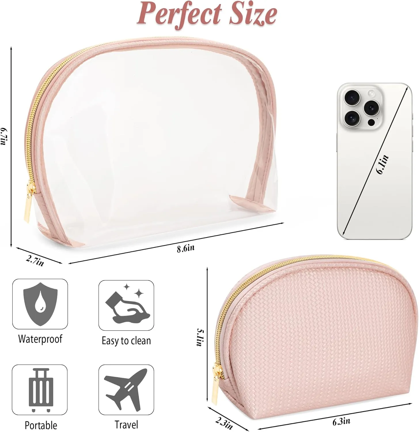 Cosmetic Bag for Women, Travel Makeup Bags 2 Pack, Waterproof Protable Toiletry Pouch Purse with Zipper, Clear Make up Organizer Case for Skincare Toiletries Accessories(Pink)