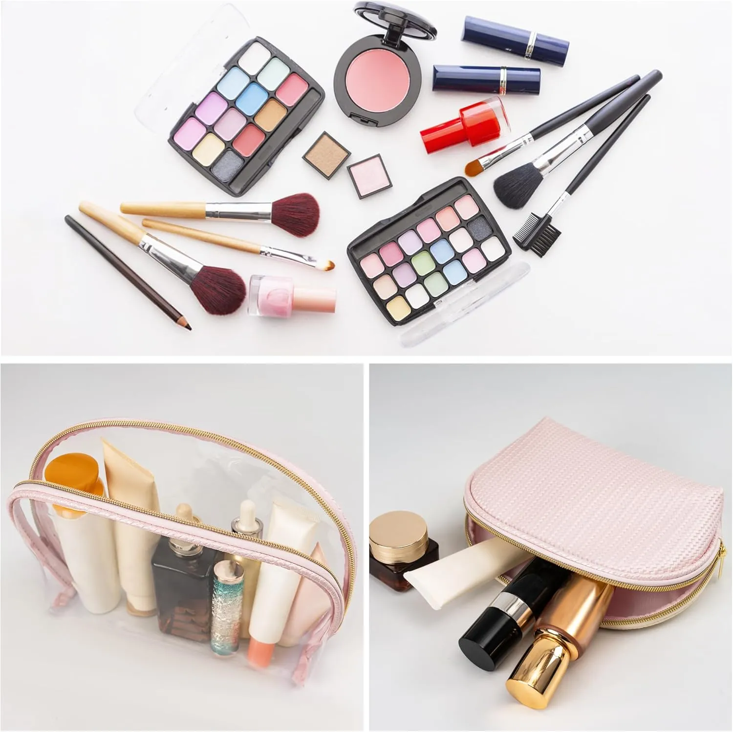Cosmetic Bag for Women, Travel Makeup Bags 2 Pack, Waterproof Protable Toiletry Pouch Purse with Zipper, Clear Make up Organizer Case for Skincare Toiletries Accessories(Pink)