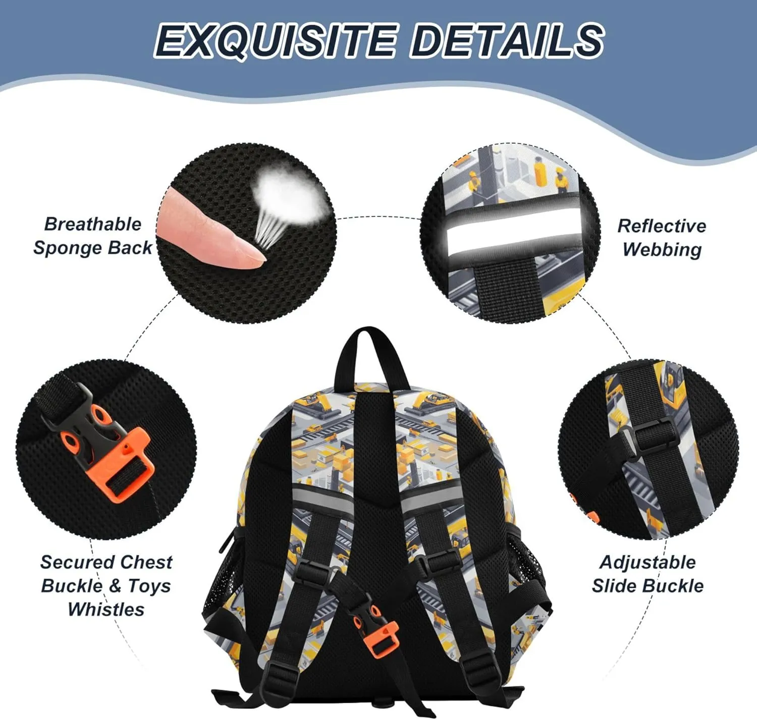 Custom Cute Ears Fun Kids Backpack Leash Cool Girls Anti-Lost Personalized Daycare Bag For Toddle with Reflective Strip S Construction Scene Build A Railway Grader