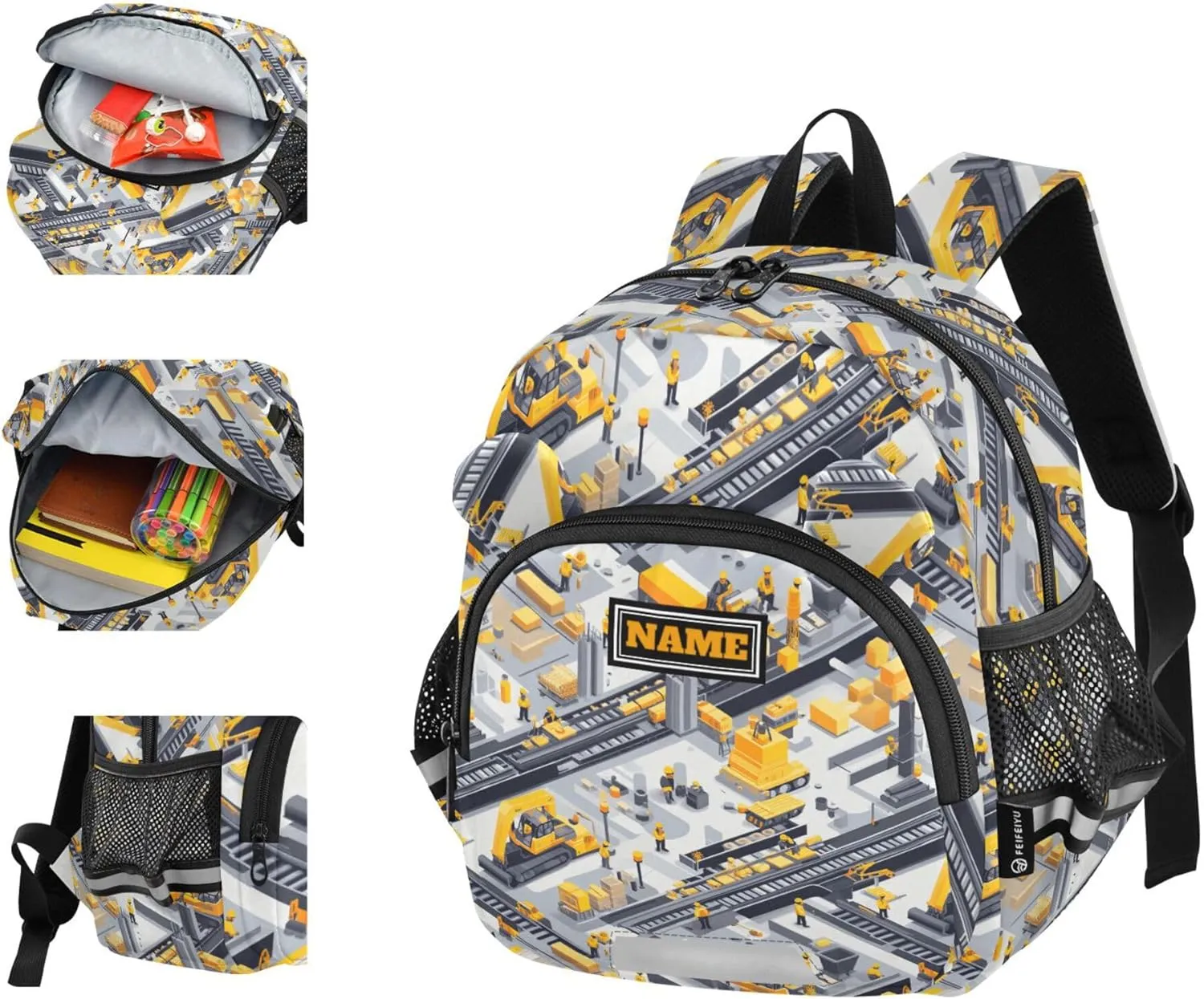 Custom Cute Ears Fun Kids Backpack Leash Cool Girls Anti-Lost Personalized Daycare Bag For Toddle with Reflective Strip S Construction Scene Build A Railway Grader