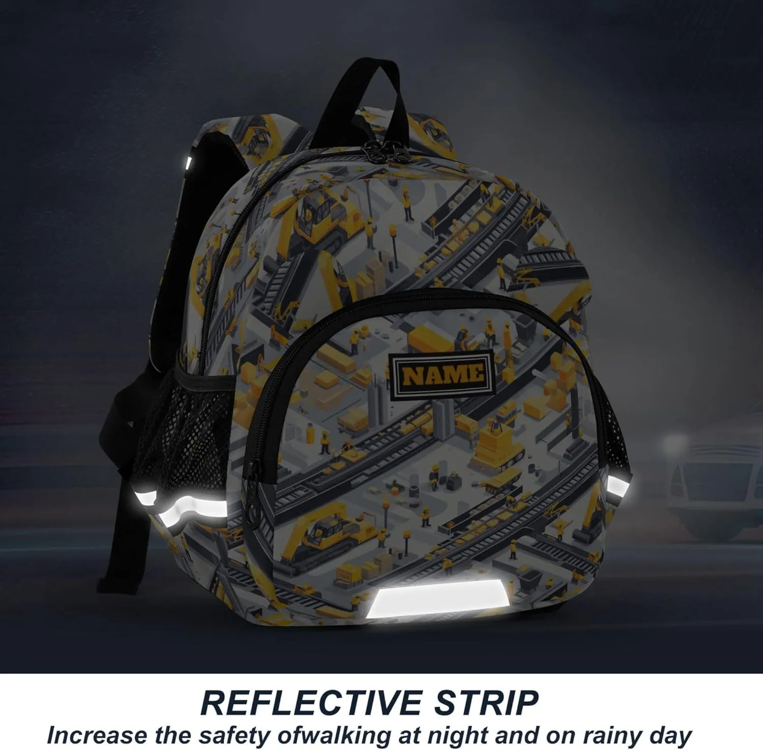 Custom Cute Ears Fun Kids Backpack Leash Cool Girls Anti-Lost Personalized Daycare Bag For Toddle with Reflective Strip S Construction Scene Build A Railway Grader