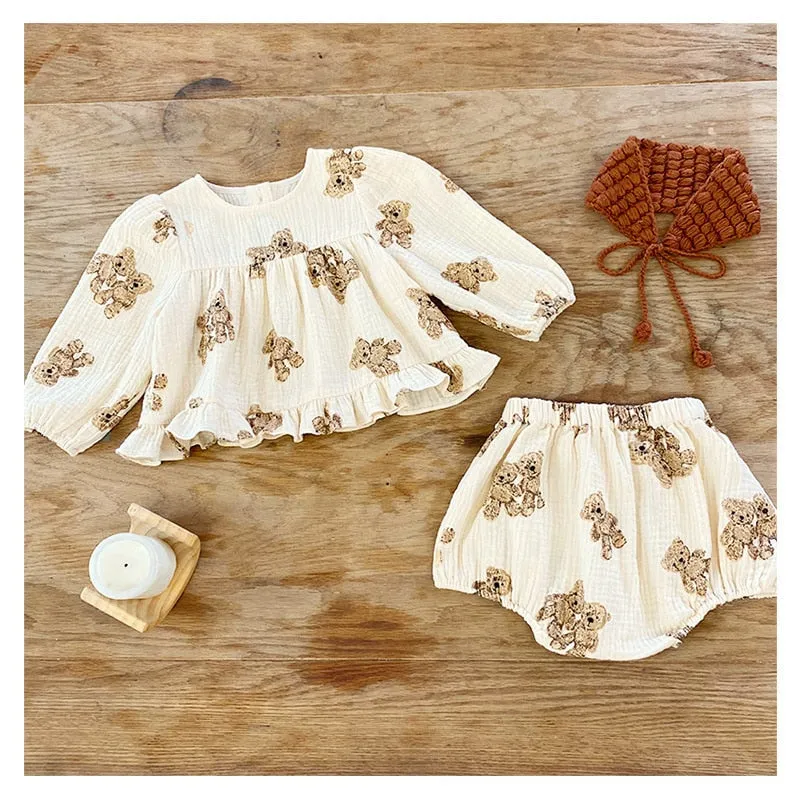 Cute Bear Print Girls' Set
