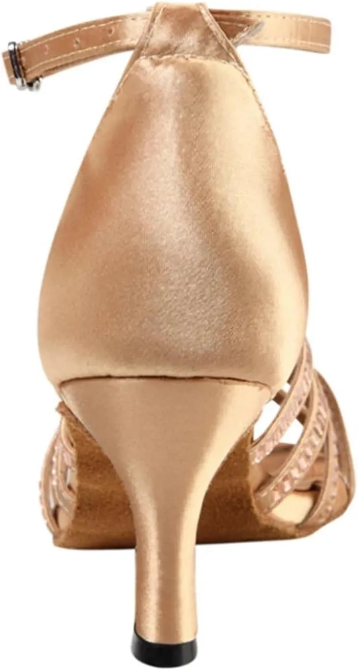 Dancing Shoes for Woman Latin Dance Shoes Women Salsa Tango Ballroom Party High Heel Rhinestone Skin Colour Outdoor Shoes(Indoor Skin 7.5cm,42)