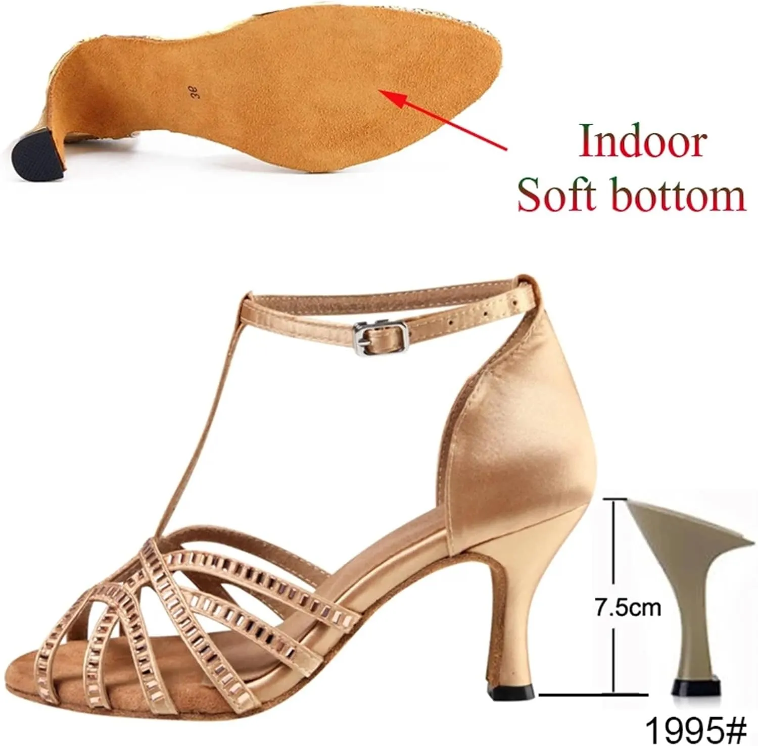 Dancing Shoes for Woman Latin Dance Shoes Women Salsa Tango Ballroom Party High Heel Rhinestone Skin Colour Outdoor Shoes(Indoor Skin 7.5cm,42)
