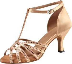 Dancing Shoes for Woman Latin Dance Shoes Women Salsa Tango Ballroom Party High Heel Rhinestone Skin Colour Outdoor Shoes(Indoor Skin 7.5cm,42)