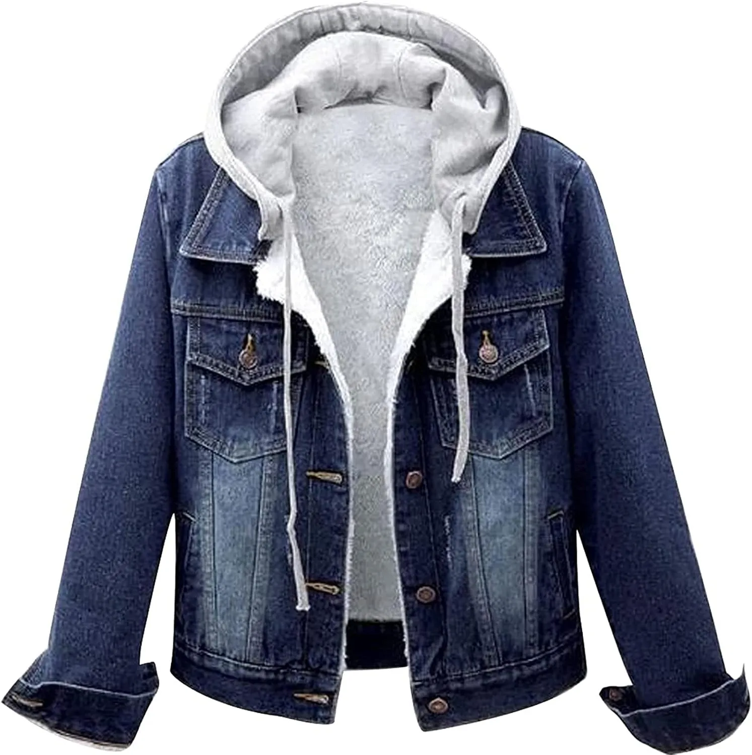 Denim Fleece Jacket for Women Long Sleeve Botton Up Plain Plush Coat with Pocket Winter Loose Fit Turn Down Collar Trendy