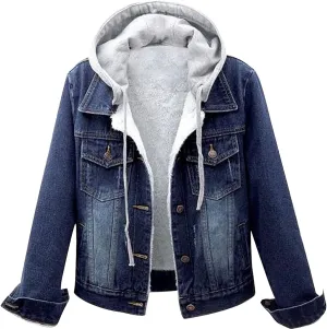 Denim Fleece Jacket for Women Long Sleeve Botton Up Plain Plush Coat with Pocket Winter Loose Fit Turn Down Collar Trendy