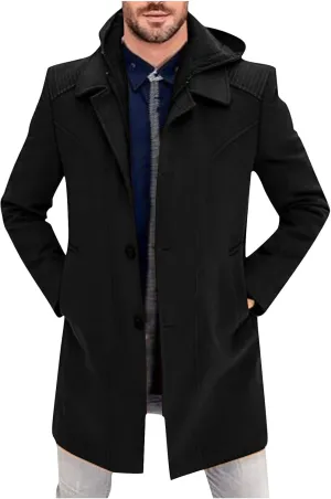 Dgoopd Hooded Trench Coat Men Wool Blend Coat Zip up Pea Coat Open Front Cardigan Casual Winter Coat Long Hoodie with Pockets