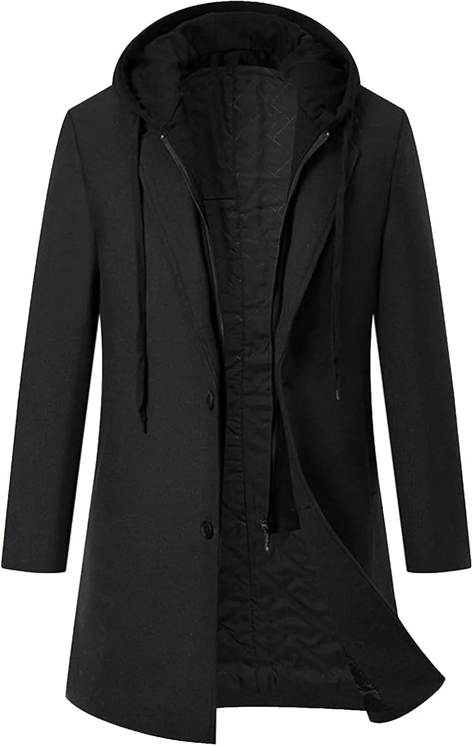 Dgoopd Hooded Trench Coat Men Wool Blend Coat Zip up Pea Coat Open Front Cardigan Casual Winter Coat Long Hoodie with Pockets