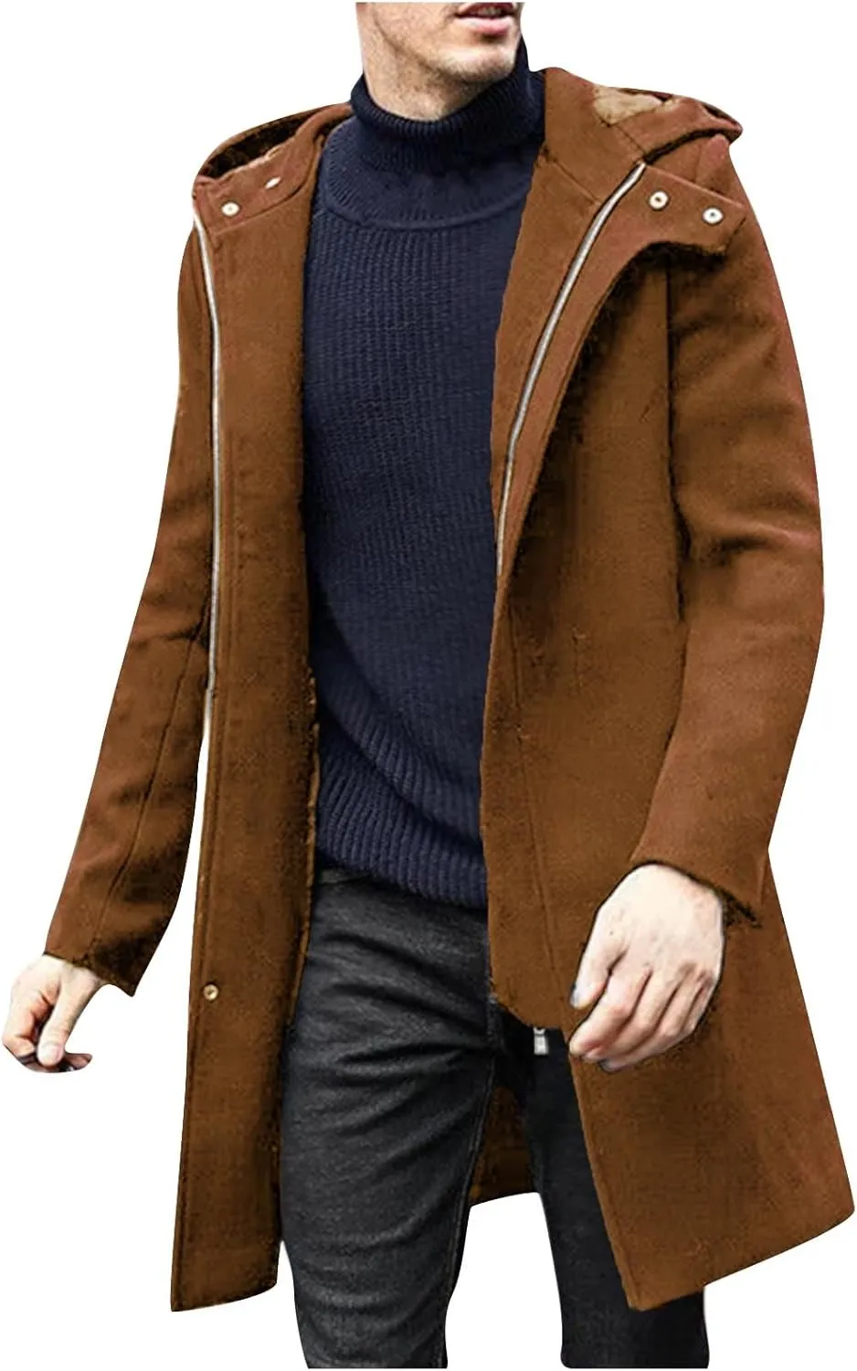 Dgoopd Hooded Trench Coat Men Wool Blend Coat Zip up Pea Coat Open Front Cardigan Casual Winter Coat Long Hoodie with Pockets
