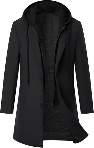 Dgoopd Hooded Trench Coat Men Wool Blend Coat Zip up Pea Coat Open Front Cardigan Casual Winter Coat Long Hoodie with Pockets
