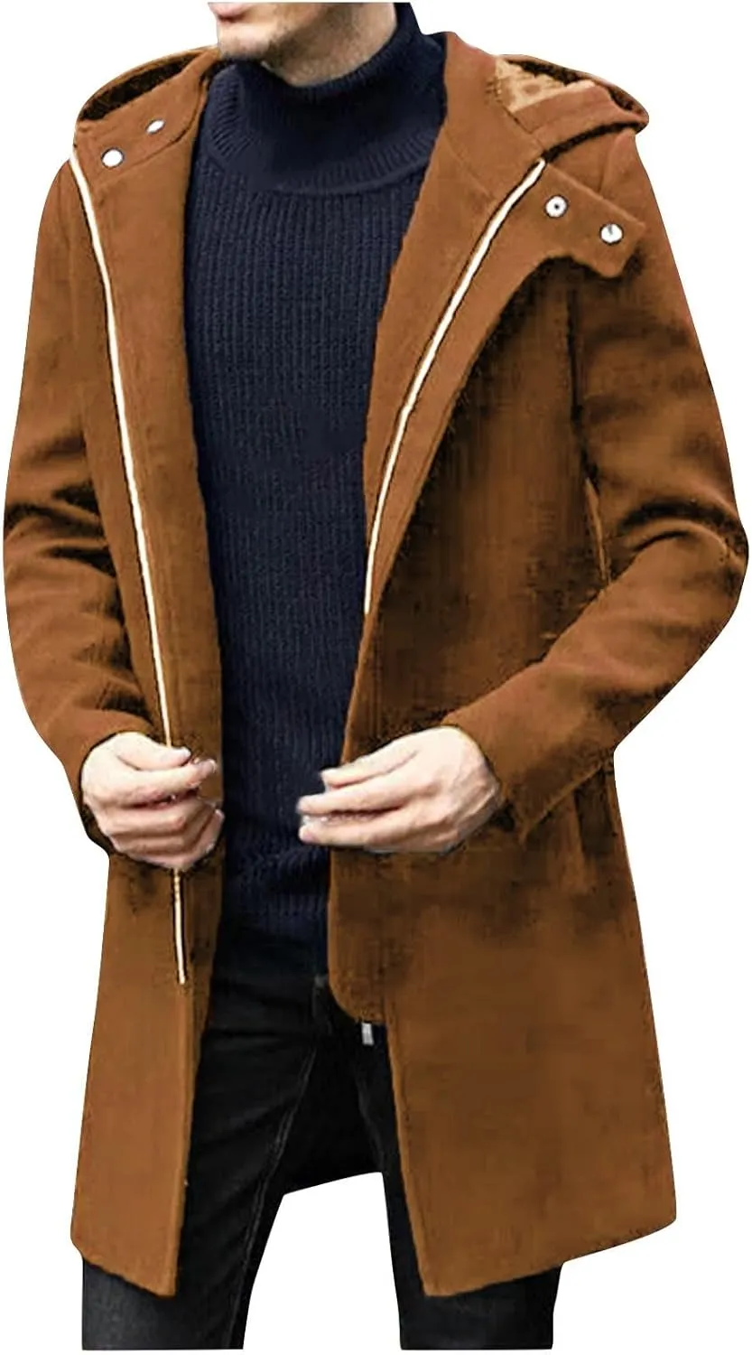 Dgoopd Hooded Trench Coat Men Wool Blend Coat Zip up Pea Coat Open Front Cardigan Casual Winter Coat Long Hoodie with Pockets
