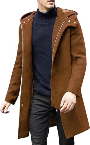 Dgoopd Hooded Trench Coat Men Wool Blend Coat Zip up Pea Coat Open Front Cardigan Casual Winter Coat Long Hoodie with Pockets