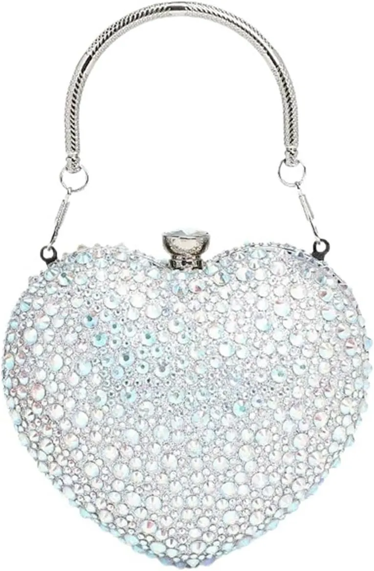 Diamond Inlay Heart Shape Crystal Clutch Purse Stones Evening Wedding Party Shoulder Bag
