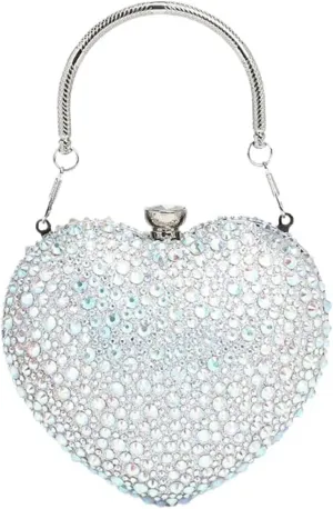 Diamond Inlay Heart Shape Crystal Clutch Purse Stones Evening Wedding Party Shoulder Bag