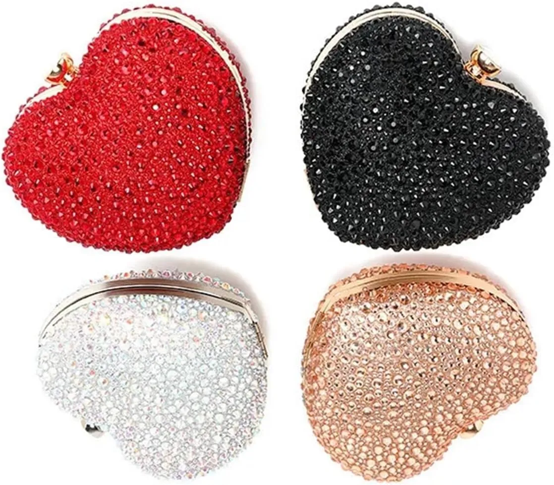 Diamond Inlay Heart Shape Crystal Clutch Purse Stones Evening Wedding Party Shoulder Bag